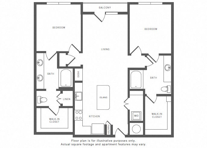 Floor plan for 2 beds, 2 baths, 1206 sqft